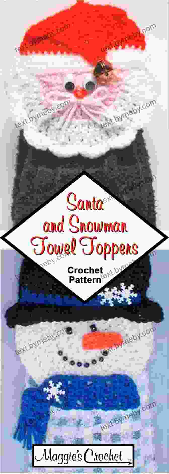 Crochet Santa And Snowman Towel Toppers Made With Red Heart Super Saver Yarn In White, Black, Red, Orange, And Green. Crochet Pattern Santa Snowman Towel Toppers PS070 R